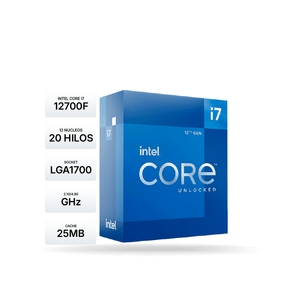 Procesador Intel Core i7-12700F 1.60/4.90GHz, 8 core, 25MB Caché, LGA1700, 180W.