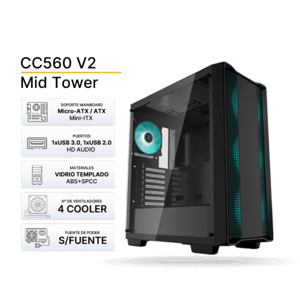 Case Gaming DeepCool CC560 V2 Negro, ARGB, ATX, 4 Cooler 120mm, Soporta Fan de hasta 2x140mm, Vidrio Templado