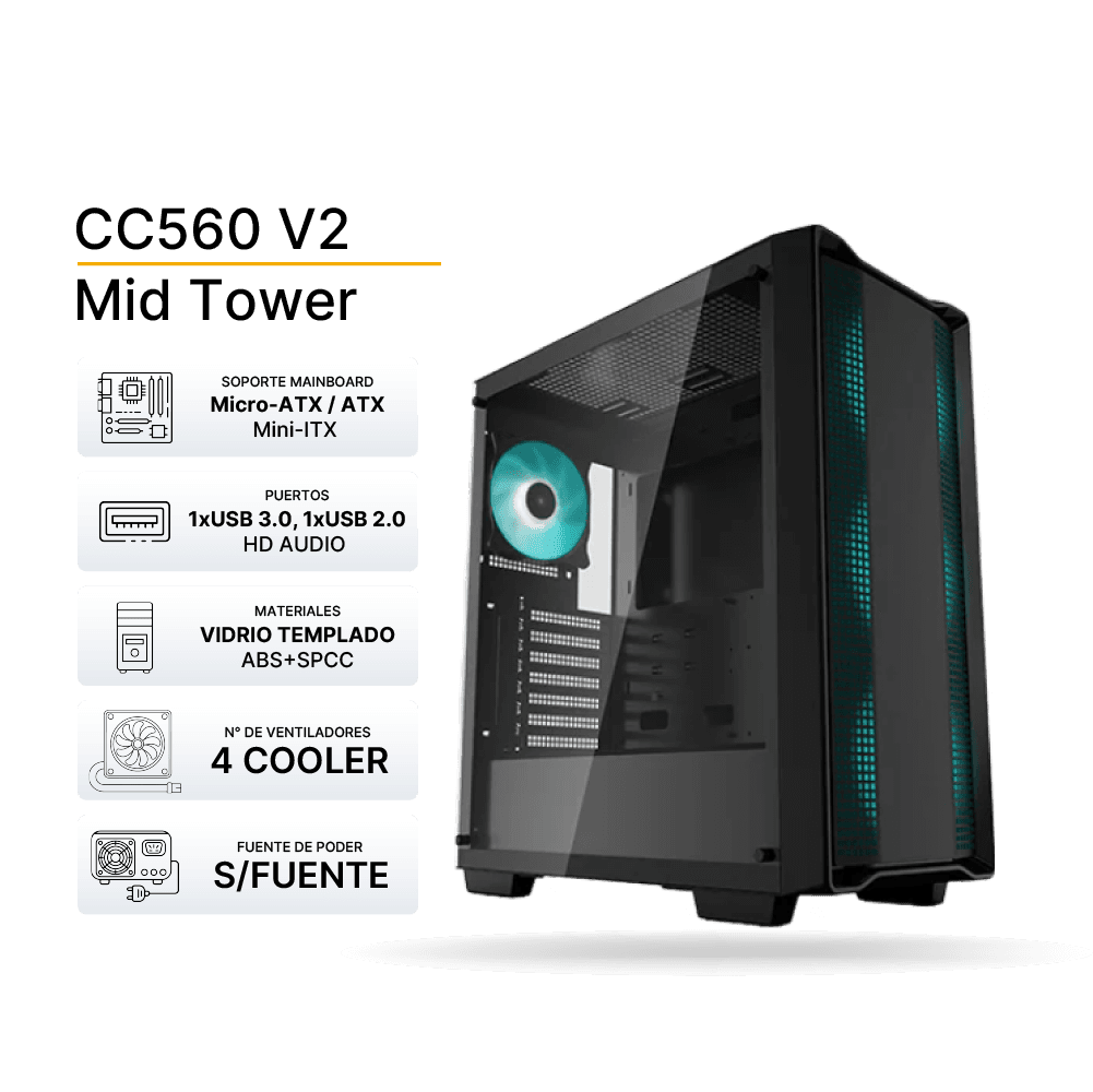 Case Gaming DeepCool CC560 V2 Negro, ARGB, ATX, 4 Cooler 120mm, Soporta Fan de hasta 2x140mm, Vidrio Templado