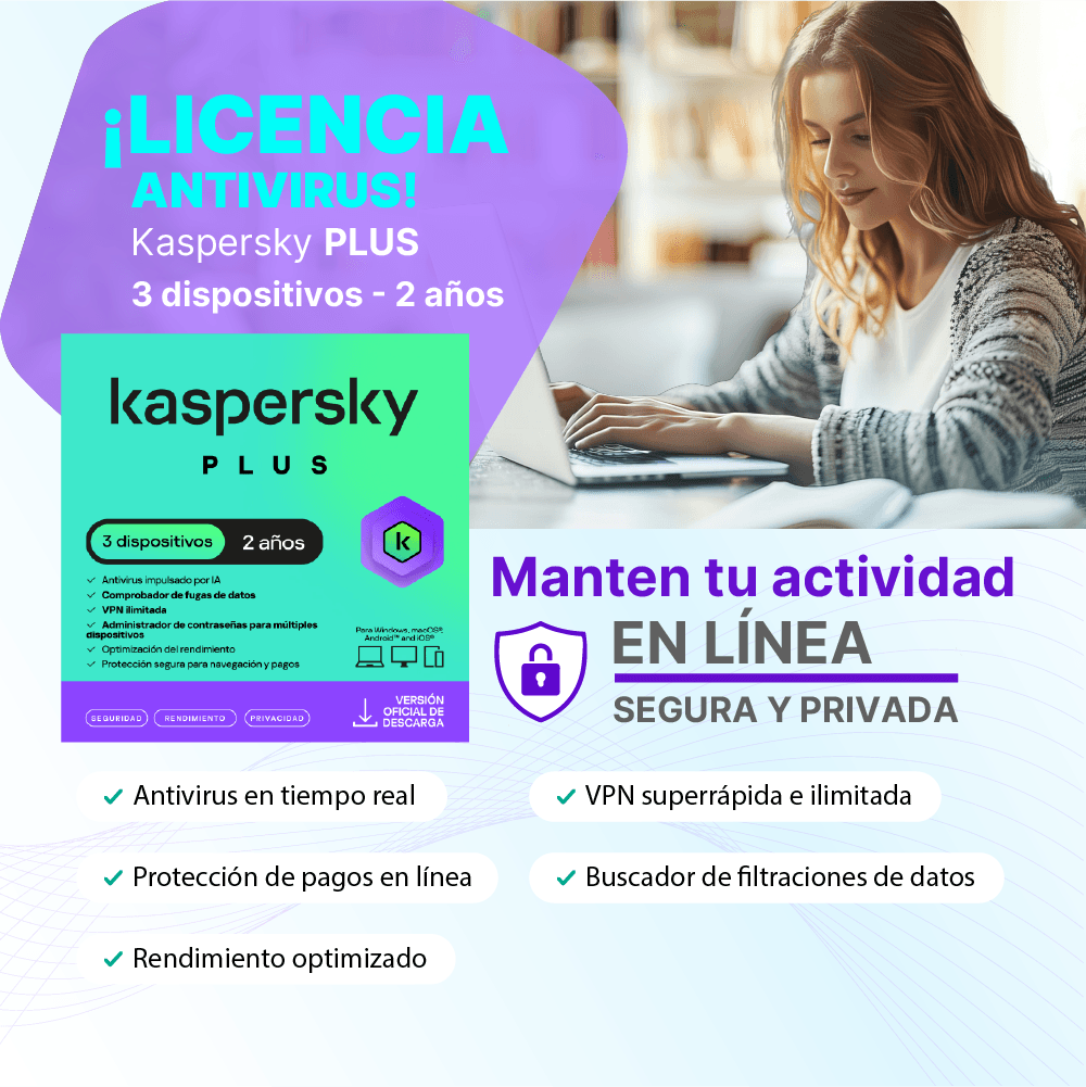 Antivirus kaspersky PLUS / 3 dispositivos / 2 años / Descarga digital, ESD