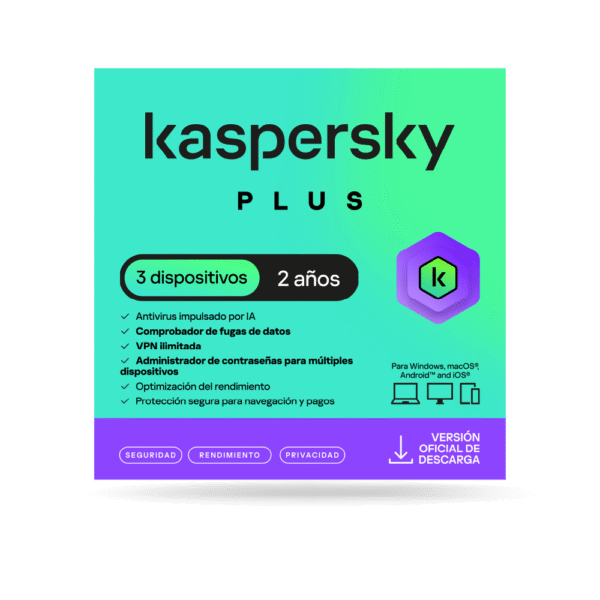 Antivirus kaspersky PLUS / 3 dispositivos / 2 años / Descarga digital, ESD