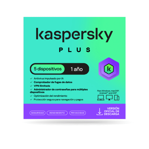 Antivirus kaspersky PLUS / 5 dispositivos / 1 año / Descarga digital, ESD
