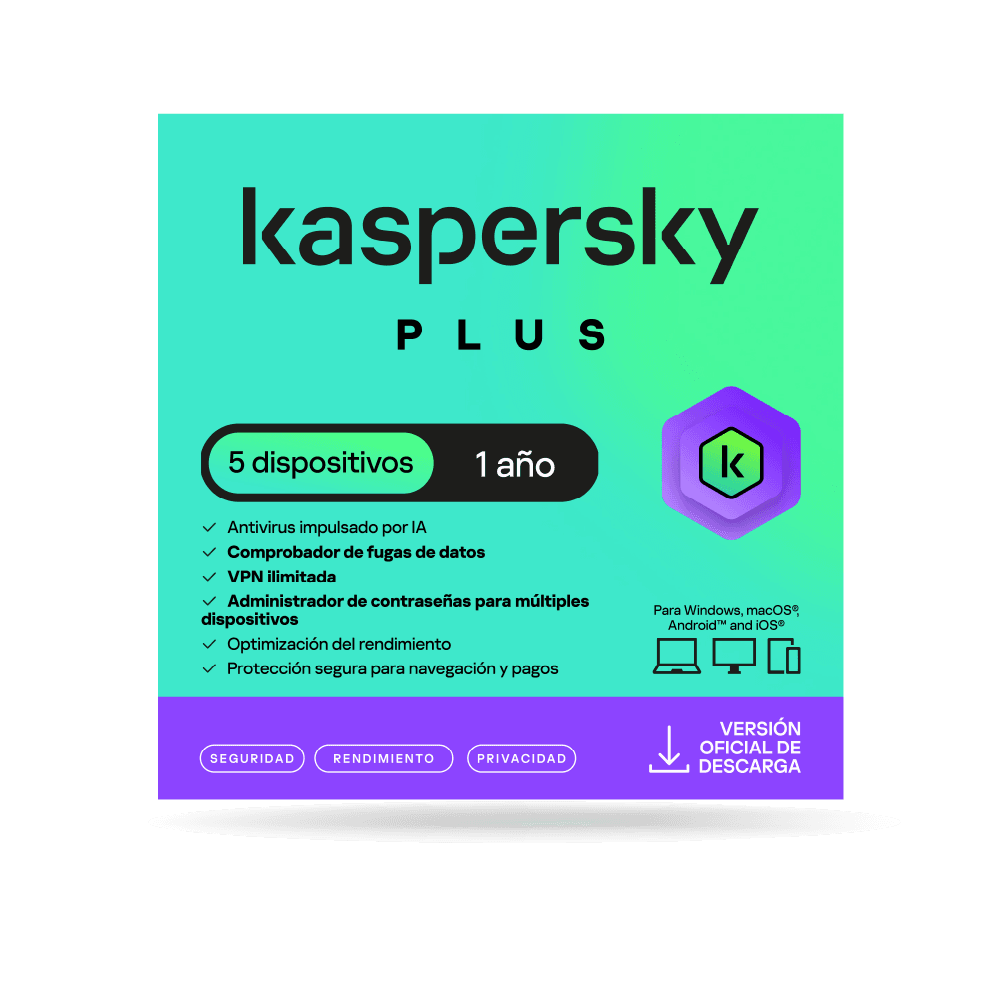 Antivirus kaspersky PLUS / 5 dispositivos / 1 año / Descarga digital, ESD