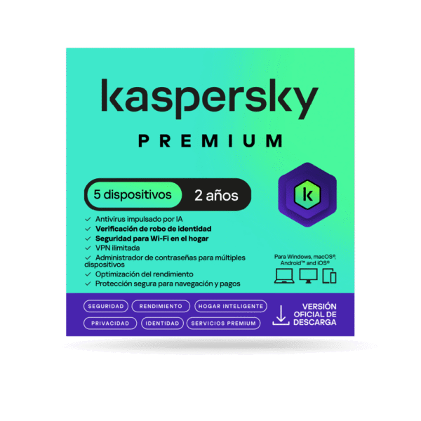 Antivirus kaspersky PREMIUM / 5 dispositivos / 2 años / Descarga digital, ESD