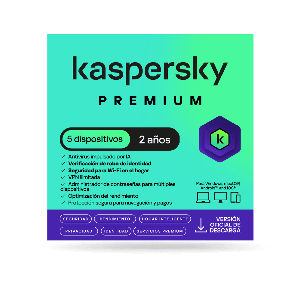 Antivirus kaspersky PREMIUM / 5 dispositivos / 2 años / Descarga digital, ESD