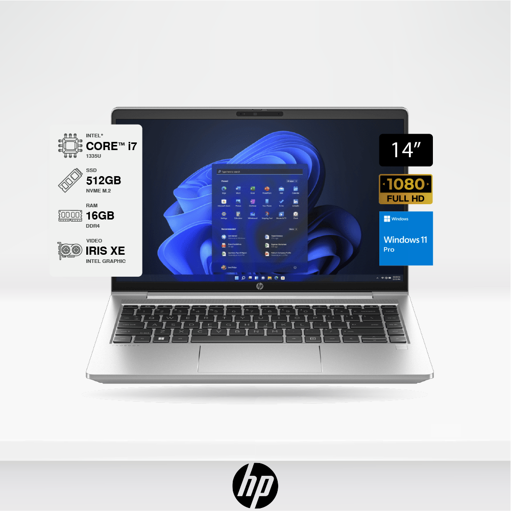 Laptop HP ProBook 14" Intel Core i7 I7-1335U - 512GB SSD M.2 - Ram 16gb DDR4, Windows 11 Pro 64-bit.