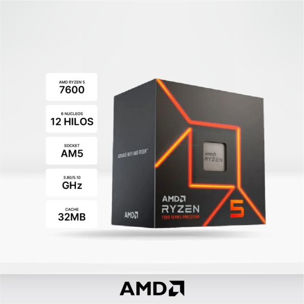 Procesador AMD Ryzen 5 7600 3.8/5.1GHz, 6-Core, AM5, 65W. Radeon Graphics