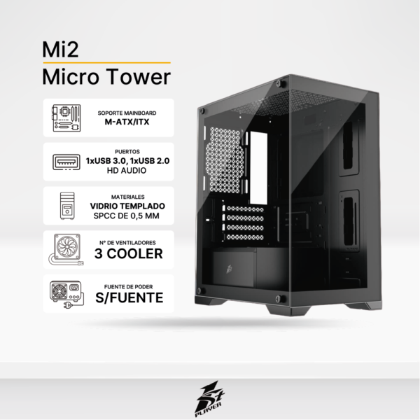 Case Gaming 1ST PLAYER MI2 (Negro) 3 Cooler ARGB, Soporta Fan de hasta 2x120mm, Sin Fuente.