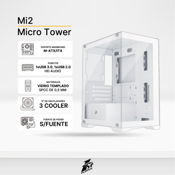 Case Gaming 1ST PLAYER MI2 (BLANCO) 3 Cooler ARGB, Soporta Fan de hasta 2x120mm, Sin Fuente.