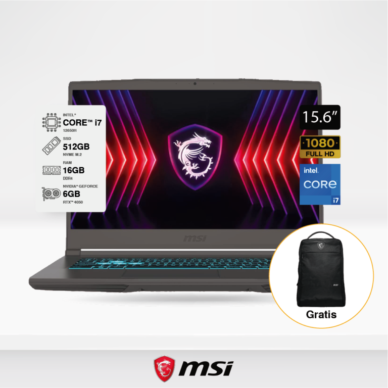 Laptop MSI Thin 15 B12VE 15.6" FHD IPS 144Hz Core i7-12650H, RAM 16GB, SSD M.2 512GB, GEFORCE RTX 4050 6GB, Free DOS, Negro.Incluye Mochila MSI.