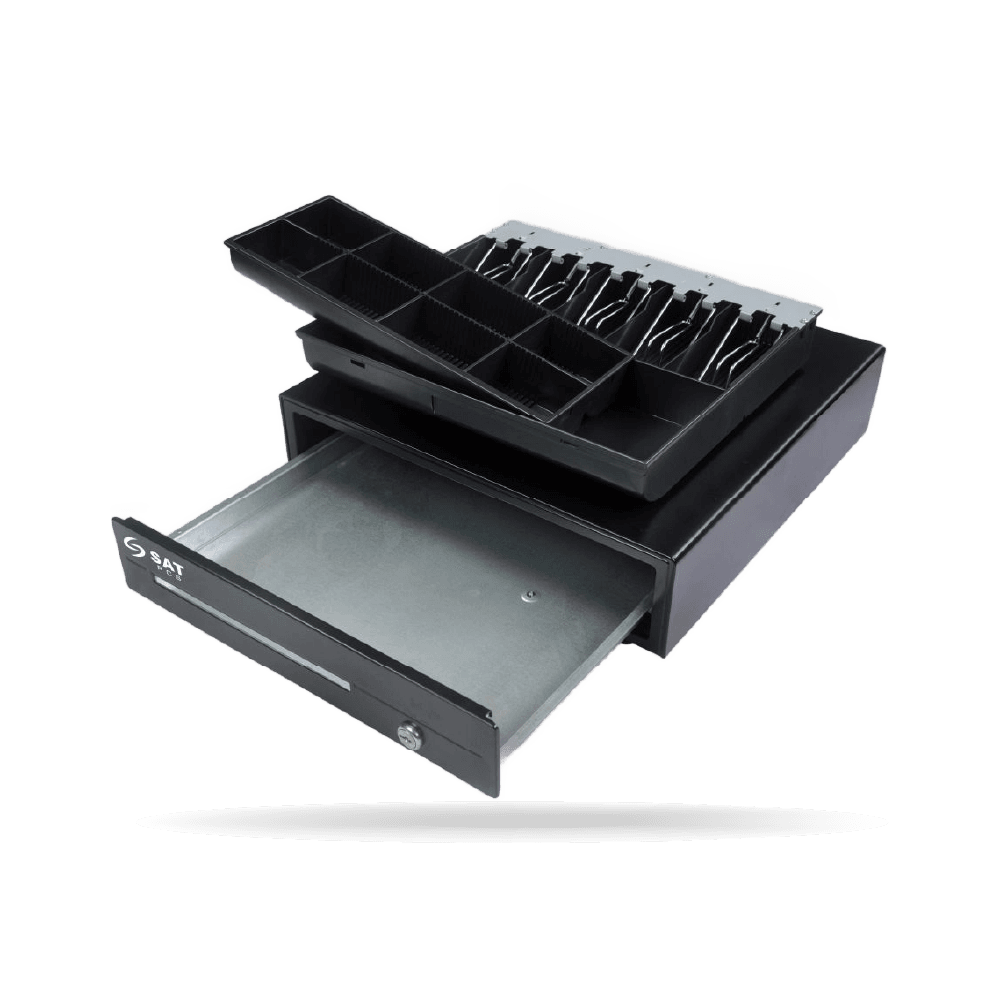 Gaveta De Dinero SAT 119X 5 Billetes - 8 Monedas, RJ11, Con Llave y Automatico, Acero / Negro.