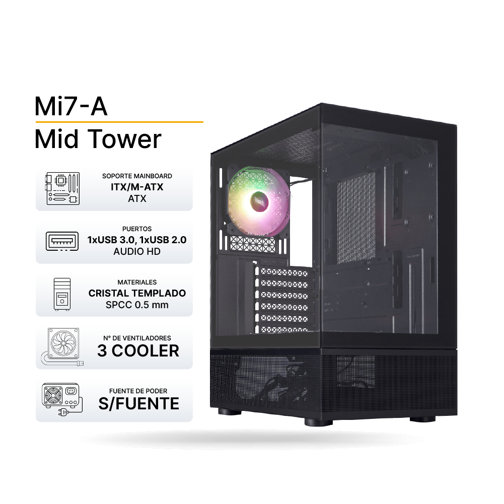 Case Gaming 1ST PLAYER MI7-A (Negro) 3 Cooler ARGB, Soporta Fan de hasta 2x120mm, Sin Fuente.