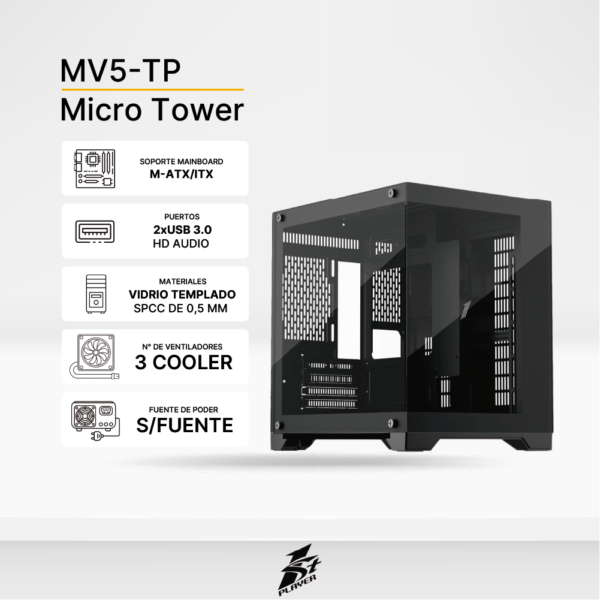 Case Gaming 1ST PLAYER MV5-TP (Negro) 3 Cooler ARGB, Soporta Fan de hasta 2x120mm, Sin Fuente.