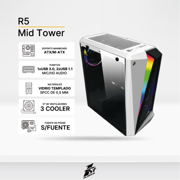 Case Player Gaming 1ST PLAYER R5 BLANCO RAINBOW RGB ATX, SIN FUENTE