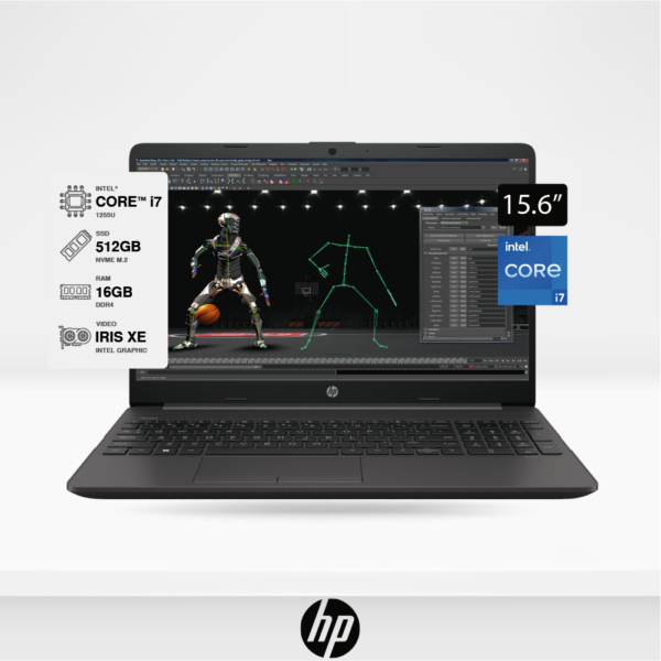 Laptop HP 250 G9 Intel Core i7-1255U 1.7Ghz, Ram 16GB, Disco SSD 512GB M.2 Pantalla 15.6" HD Antireflejo, Teclado numérico, Free DOS.