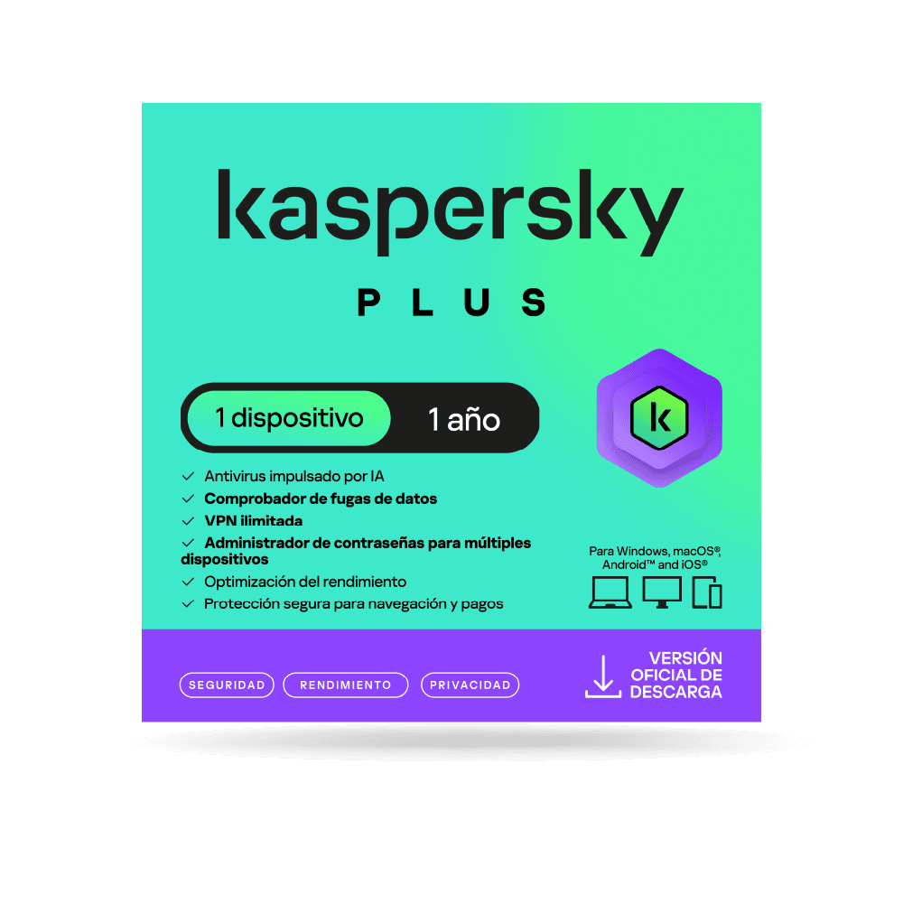 Antivirus kaspersky PLUS / 1 dispositivo / 1 año / Descarga digital, ESD