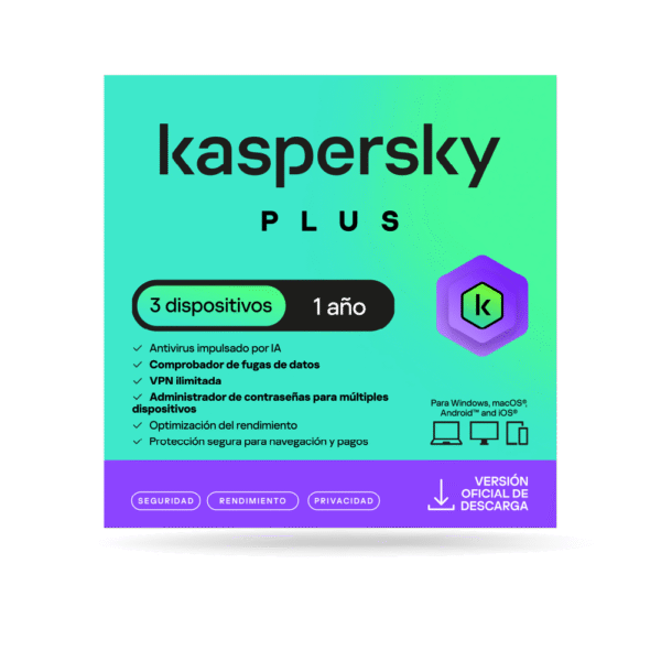 Antivirus kaspersky PLUS / 3 dispositivos / 1 año / Descarga digital, ESD