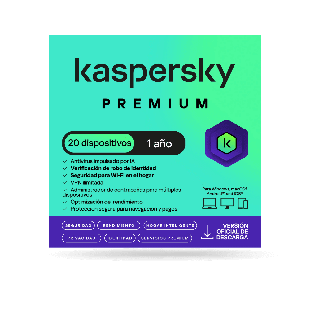 Antivirus kaspersky PREMIUM / 20 dispositivos / 1 año / Descarga digital, ESD