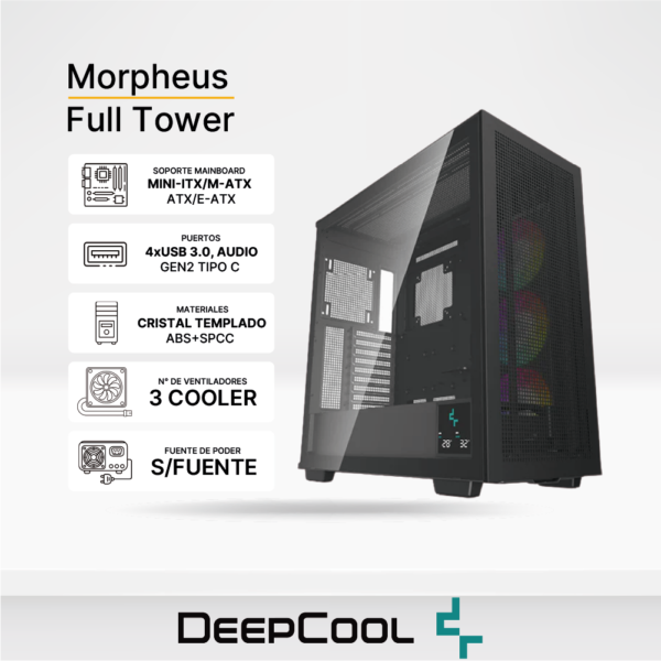 CASE Gamer DEEPCOOL MORPHEUS, Full TOWER, 3 COOLER ARGB, Soporta Fan de hasta 3x140mm / 2x200mm