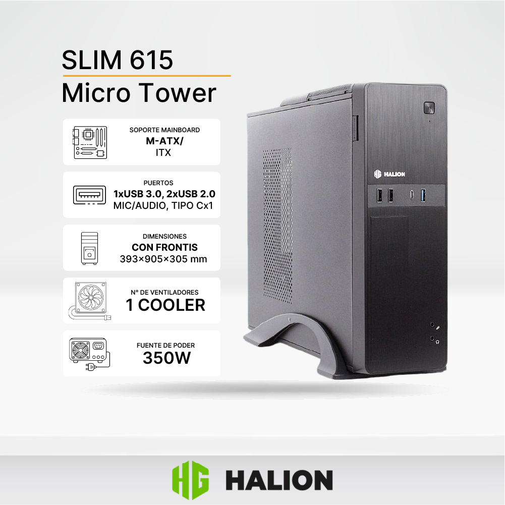 Case Halion SLIM SUPRA S615, MICRO ATX, Fuente 350W | USB 3.0, 1xUSB-C