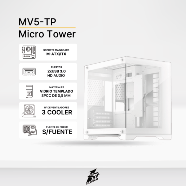 Case Gaming 1ST PLAYER MV5-TP (Blanco) 3 Cooler ARGB, Soporta Fan de hasta 2x120mm, Sin Fuente.