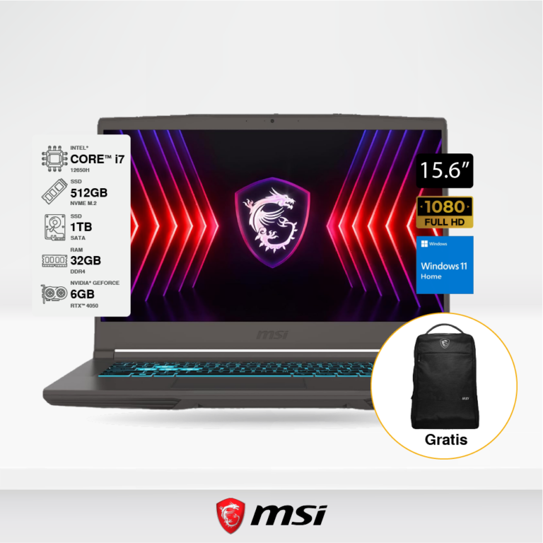 Laptop MSI Thin 15 B12VE Gris, 15.6" FHD IPS 144Hz Core i7-12650H, RAM 32GB, 1TB SATA 2.5 + SSD M.2 512GB, GEFORCE RTX 4050 6GB, Windows 11 Home, Incluye Mochila MSI.