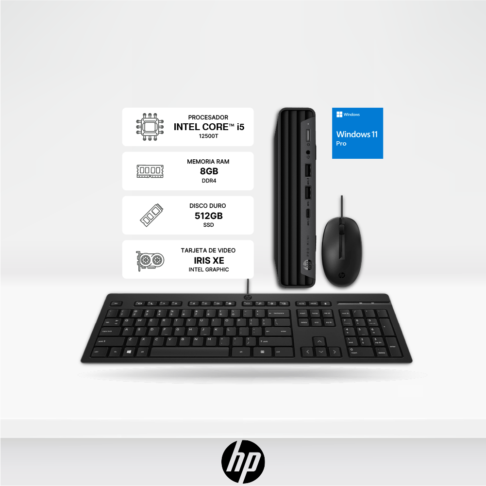 PC HP Pro Mini 400 G9 Desktop, Intel Core i5-12500T, Ram 8GB, Disco solido M.2 512GB, Win 11 Pro, teclado y mouse.