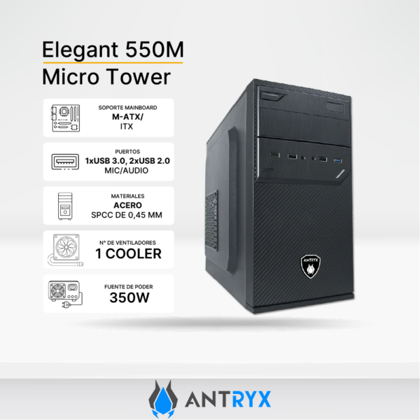 Case ANTRYX Elegant 550M, Fuente real de 350W, 1xUSB 3.0 - 2x USB 2.0