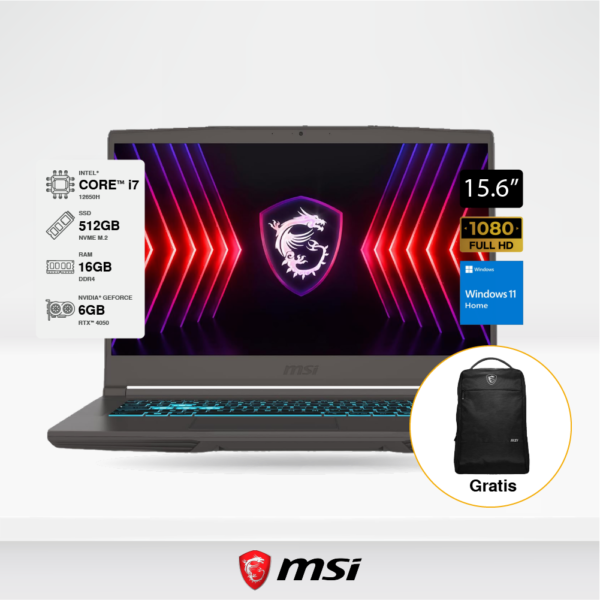 Laptop MSI Thin 15 B12VE 15.6" FHD 144Hz Core i7-12650H, Ram 16GB, SSD M.2 512GB, RTX 4050 6GB DDR6, W11 Home, Incluye Mochila MSI