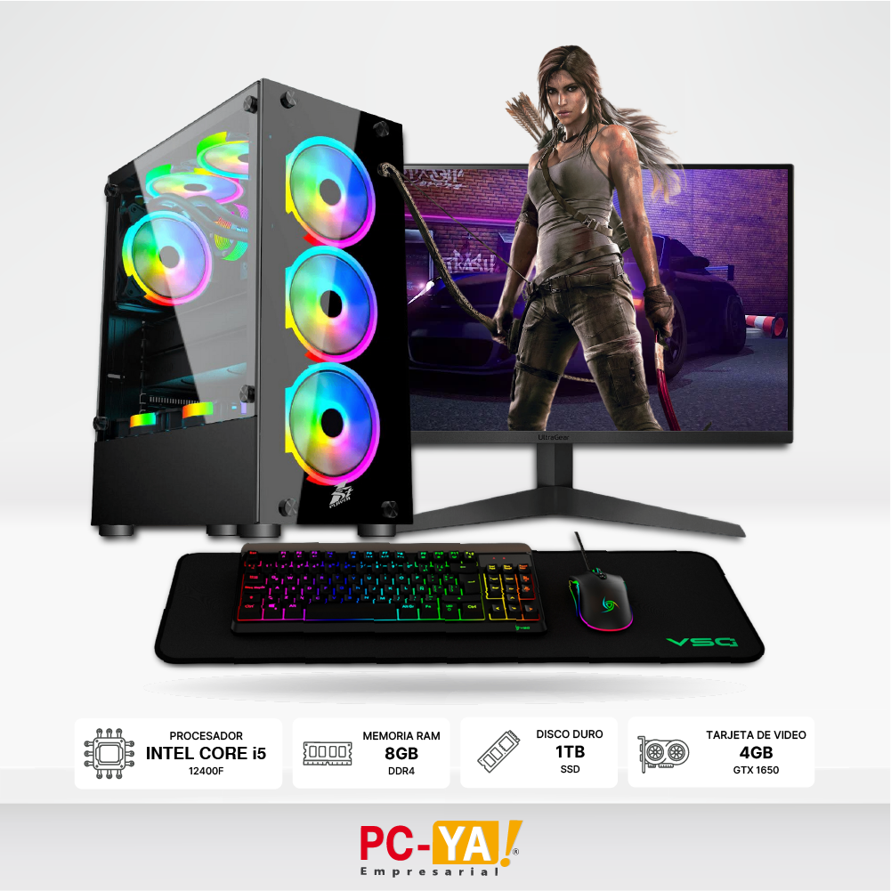 PC Intel Core i5-12400F, 8GB, SSD 1TB, GTX 1650 4GB DDR6, Case Gaming 1ST PLAYER 500W 80 Plus Bronze, Monitor Gamer LG UltraGear 23.8, Kit gamer 3 en 1 VSG PYXIS