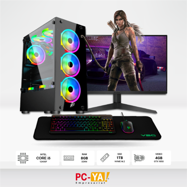 PC Intel Core i5-12400F, 8GB, SSD 1TB, GTX 1650 4GB, Case Gaming 500W 80 Plus, Monitor LG UltraGear 23.8, Kit 3 en 1 PYXIS