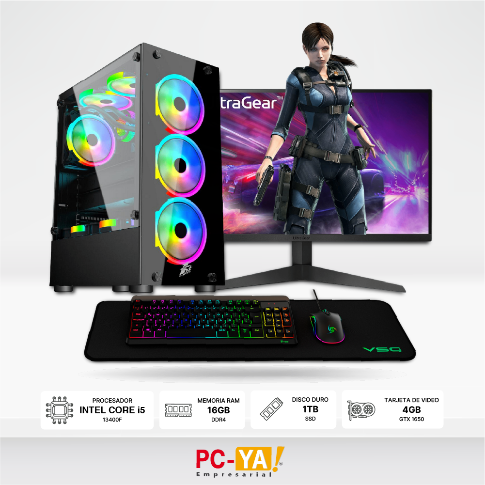 PC i5-13400F, 16GB, SSD 1TB, GTX 1650 4GB DDR6, Case Gaming 1ST Player 600W Bronze 80 Plus, Monitor Gamer LG UltraGear 23.8, Kit gamer 3 en 1 VSG PYXIS