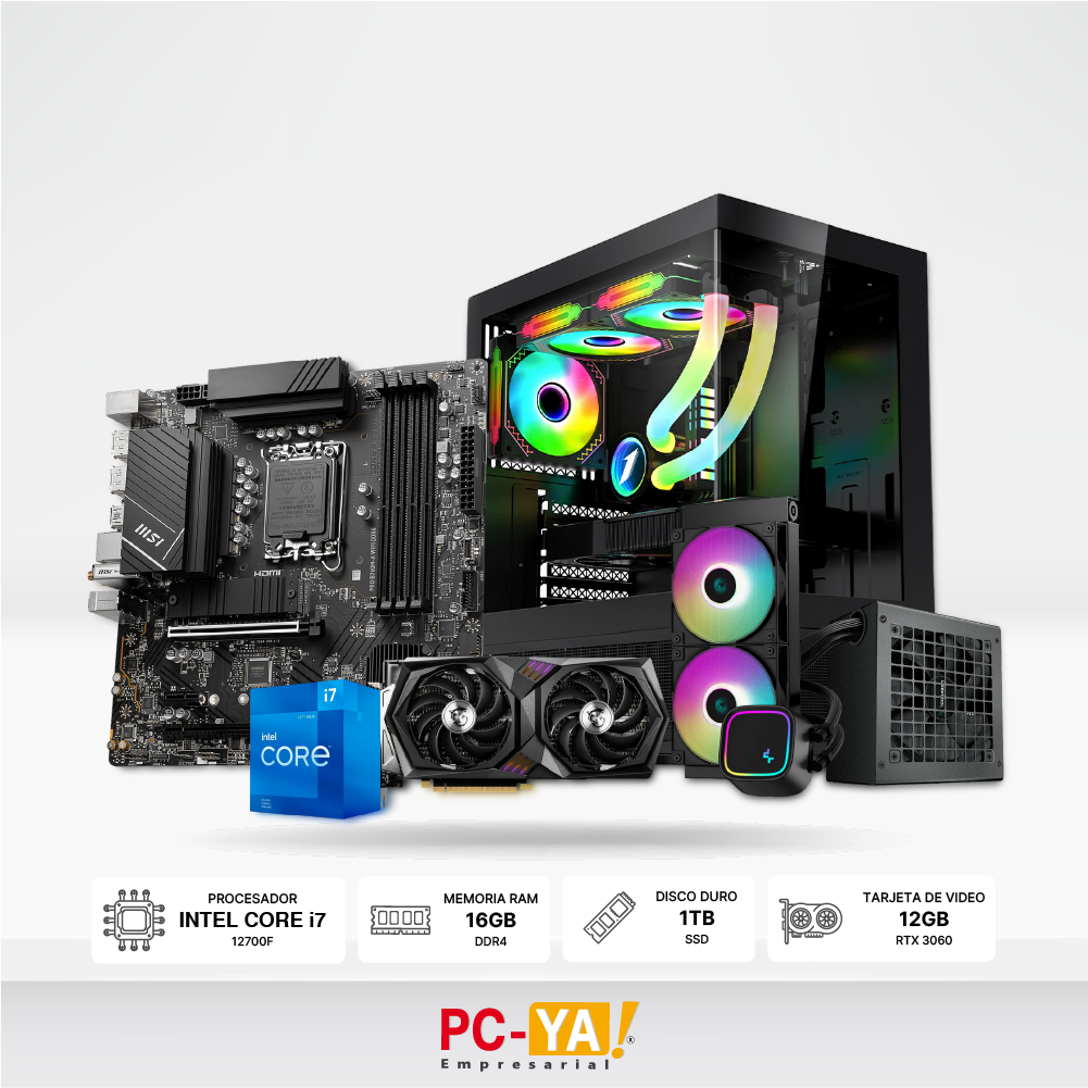 PC INTEL CORE i7-12700F, 16GB, 1TB SSD,Video RTX 3060, Enfriamiento Liquido LE520, Fuente de Poder PK750D 750W Case Gaming 1ST PLAYER