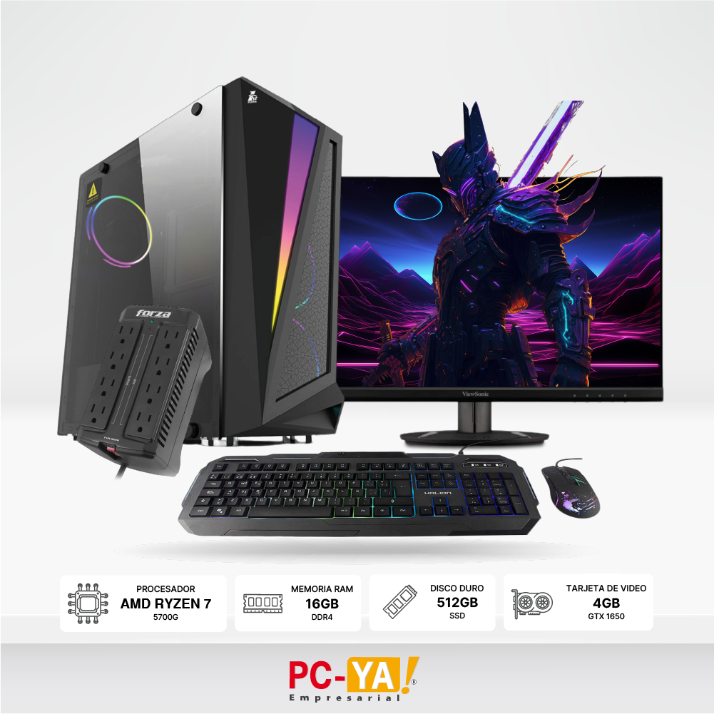 PC Ryzen 7 5700G, 16GB, 512GB SSD, GTX 1650 4GB, CASE Gaming 1ST PLAYER R5, 500W 80 Plus Bronze, Monitor ViewSonic Gaming 23.8" KIT Gamer Halion