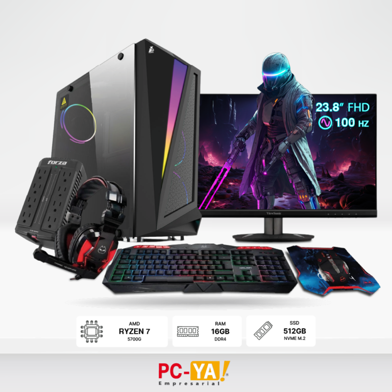 PC Ryzen 7 5700G, 16GB, 512GB SSD, CASE 500W 80 Plus, Monitor Gaming 23.8", Kit Gamer Poseidon, Estabilizador