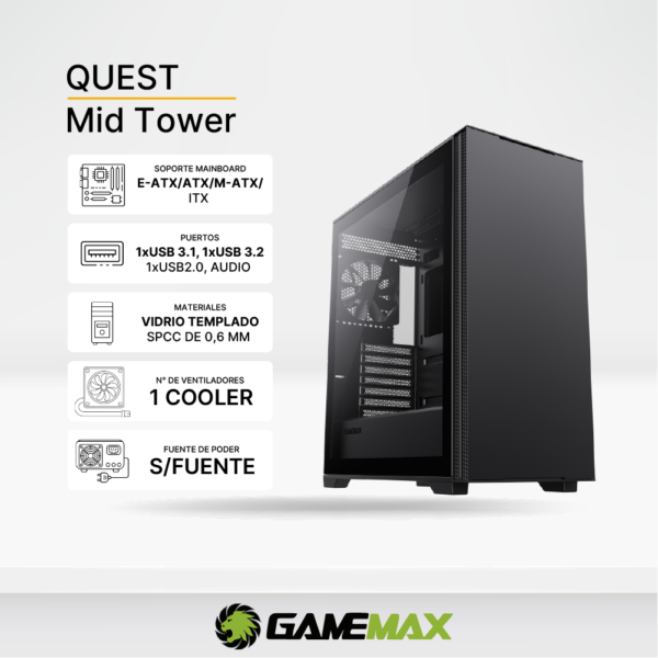 Case GAMEMAX QUEST Black, ATX, 1 Cooler, Panel Frontal Metálico, Sop FAN 3x 120mm