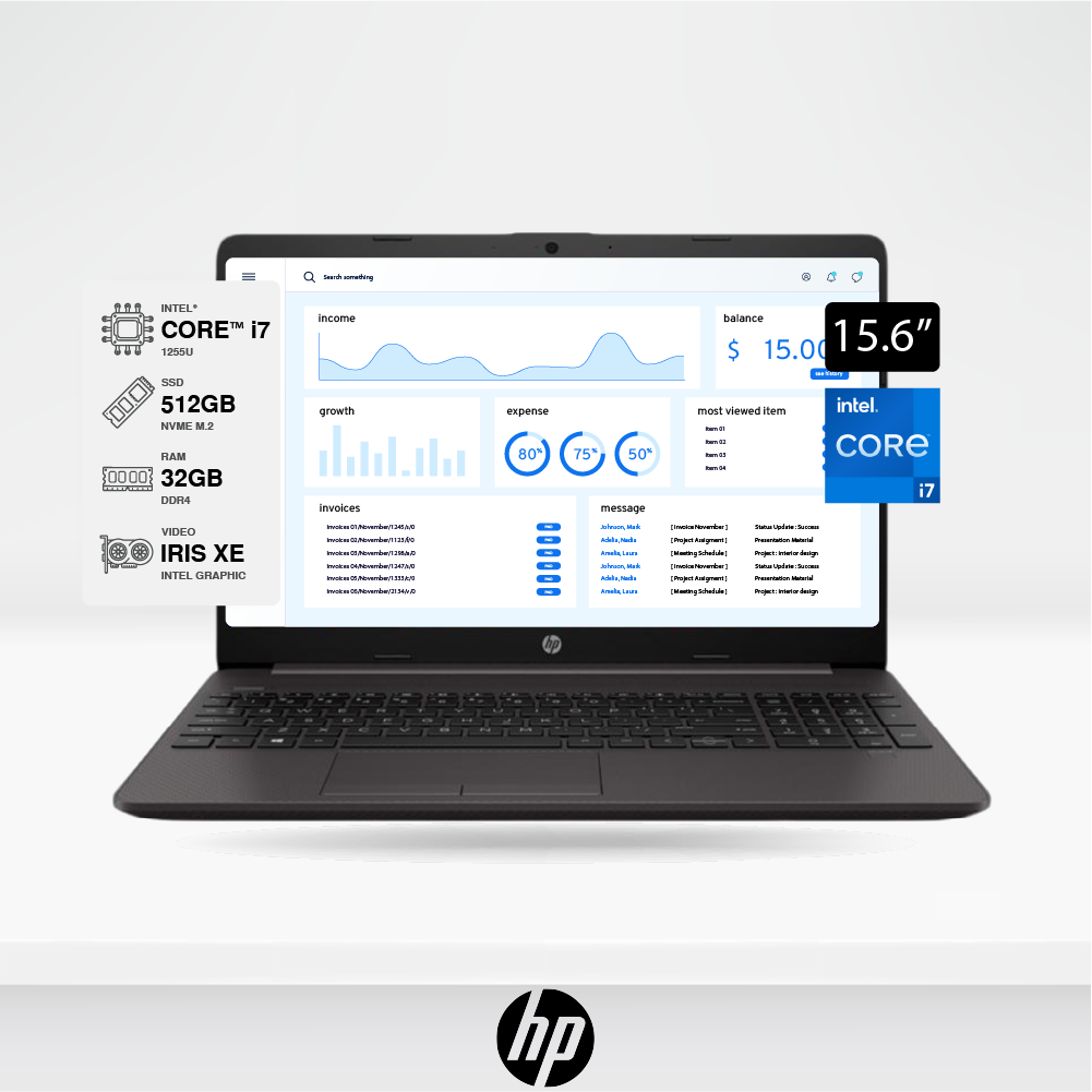 Laptop HP 250 G9, 15.6", Intel Core i7-1255U, Ram 32GB, Disco solido M.2 512GB, FreeDOS.