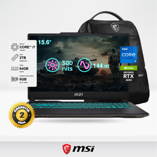 Laptop MSI Gaming Cyborg 15 A12VE 15.6" FHD, Core i7-12650H, 64GB DDR5, SSD M.2 2TB, RTX 4050 6GB, FreeDos + Mochila MSI