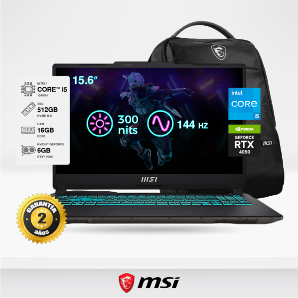 Laptop MSI Gaming Cyborg 15 A12VE 15.6" FHD 144Hz, Core i5-12450H, 16GB DDR5, SSD M.2 512GB, RTX 4050 6GB GDDR6, FreeDOS + Mochila MSI