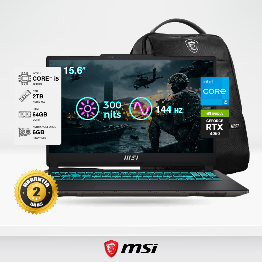 Laptop MSI Gaming Cyborg 15 A12VE 15.6" FHD, i5-12450H, 64GB DDR5, SSD 2TB M.2, RTX 4050 6GB, FreeDOS + Mochila MSI