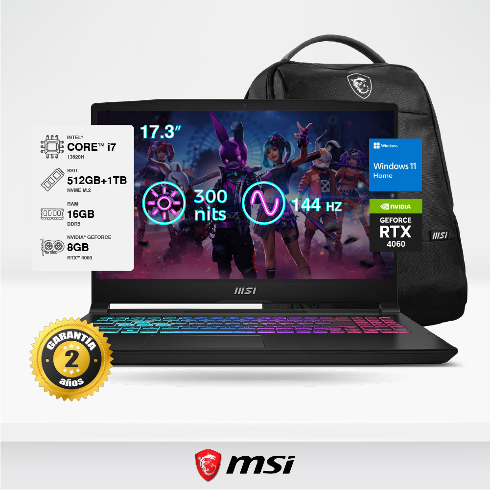 Laptop Gamer MSI Katana 17 B13VFK 17.3" FHD, i7-13620H, 16GB DDR5, SSD M.2 1TB + 512GB M.2, RTX 4060 8GB, W11 Home + Mochila MSI.