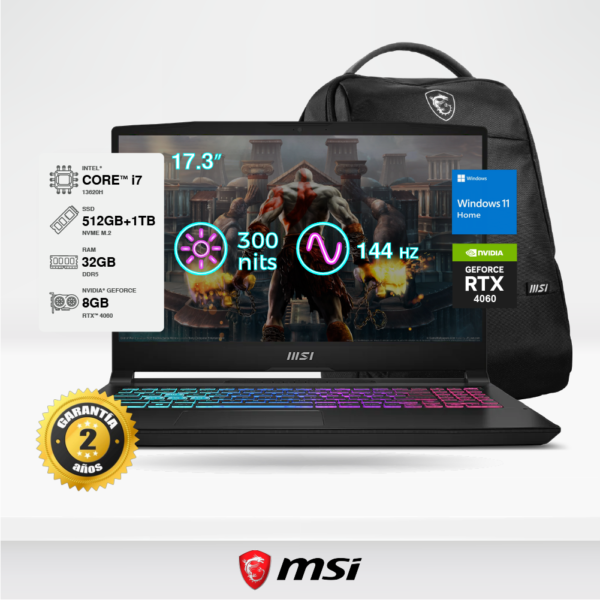 Laptop Gamer MSI Katana 17 B13VFK 17.3" FHD, i7-13620H, 32GB DDR5, SSD M.2 1TB + 512GB M.2, RTX 4060 8GB, W11 Home + Mochila MSI.