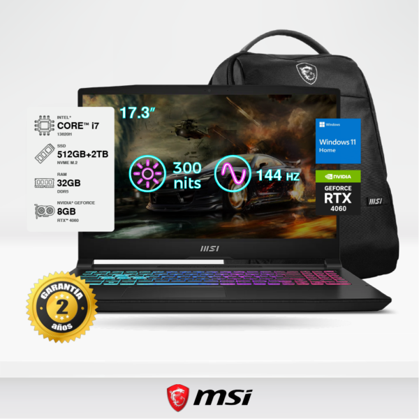 Laptop Gamer MSI Katana 17 B13VFK 17.3" FHD, i7-13620H, 32GB DDR5, SSD M.2 2TB + 512GB M.2, RTX 4060 8GB, W11 Home + Mochila MSI.