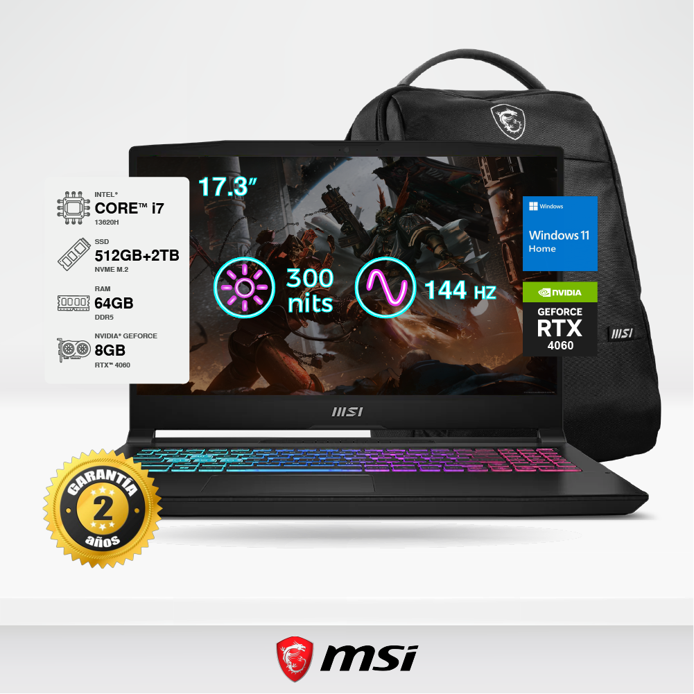 Laptop Gamer MSI Katana 17 B13VFK 17.3" FHD, i7-13620H, 64GB DDR5, SSD M.2 2TB + 512GB M.2, RTX 4060 8GB, W11 Home + Mochila MSI.