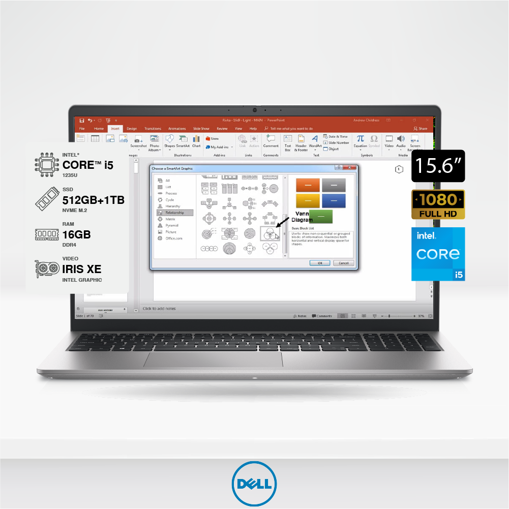 Laptop Dell Inspiron 3520, 15.6" FHD IPS, i5-1235U, 16GB DDR4, SSD M.2 512GB + 1TB SSD 2.5, FreeDOS, Silver