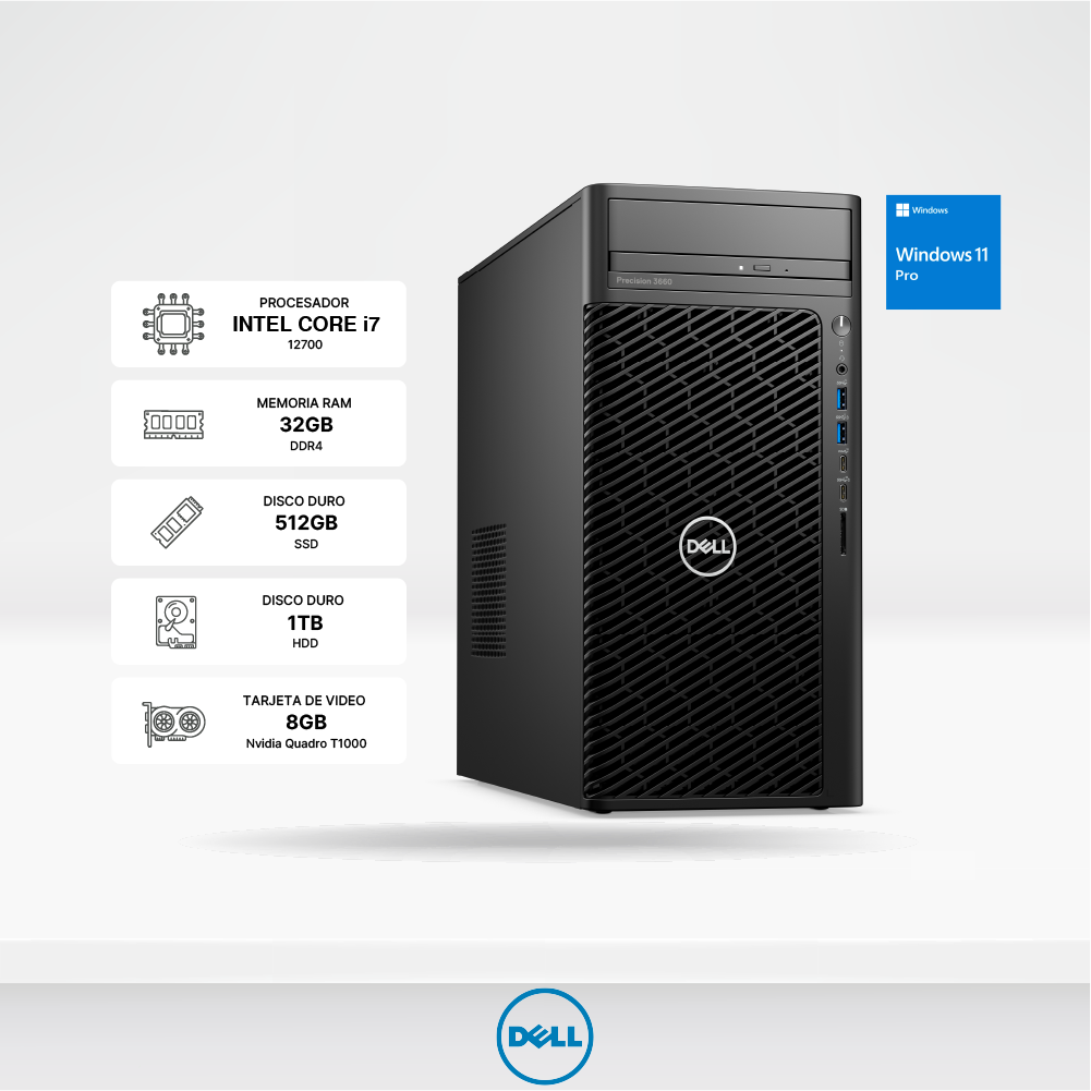 PC Dell Workstation Precision 3660 Torre, Core i7-12700, RAM 32GB, HDD 1TB + SSD 512GB M.2, Nvidia Quadro T1000 8GB, Windo 11Pro.