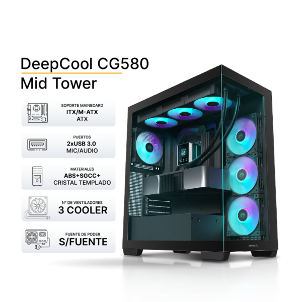 Case Gamer DeepCool CG580 Black, ATX, Compartimento para Gestion de Cables, Soporta Fan 3x120mm, No incluye Cooler