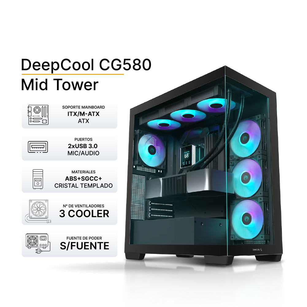 Case Gamer DeepCool CG580 Black, ATX, Compartimento para Gestion de Cables, Soporta Fan 3x120mm, No incluye Cooler