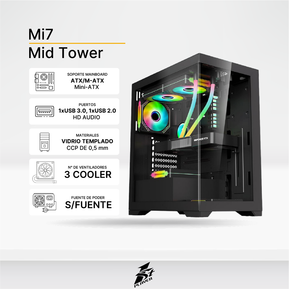 Case Gaming 1ST PLAYER Mi7 Black 3 Cooler ARGB, Control remoto, Sin Fuente.