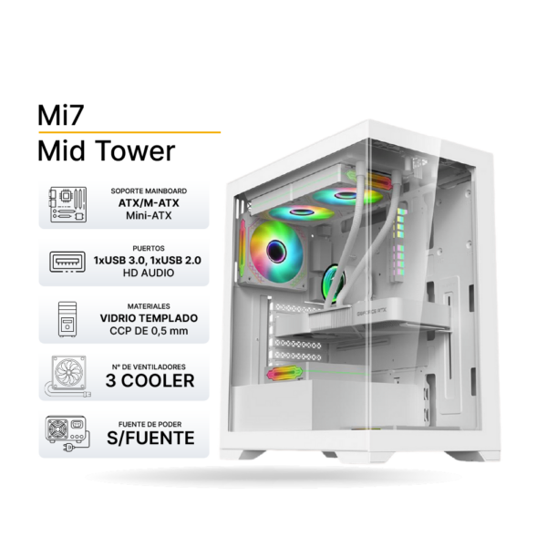 Case Gaming 1ST PLAYER Mi7 White 3 Cooler ARGB, Control remoto, Sin Fuente.